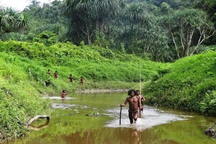 Shompen band traversing a river on Great Nicobar Island.