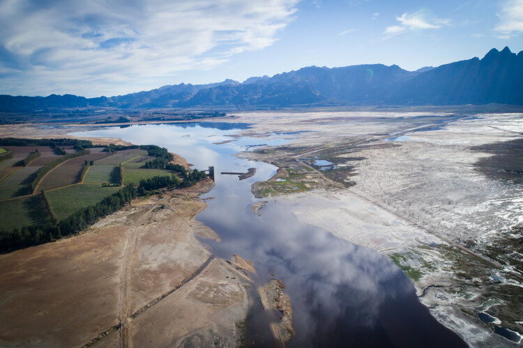 Aerial image over Theewaterskloof dam during drought in the Western Cape of South Africa.