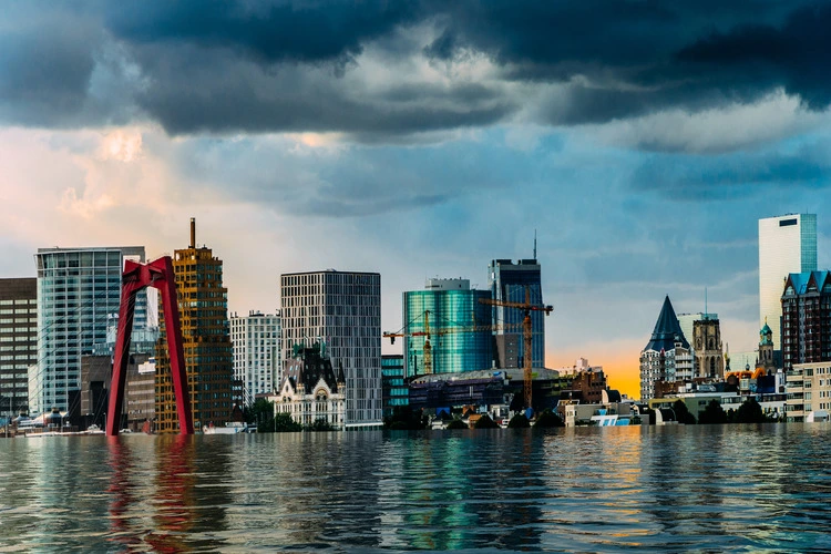 Predicted photo of Rotterdam under water as a result of climate change and Arctic ice melt