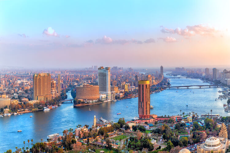 Cairo downtown, view of the Nile, the skyscrapers and the bridges, Egypt