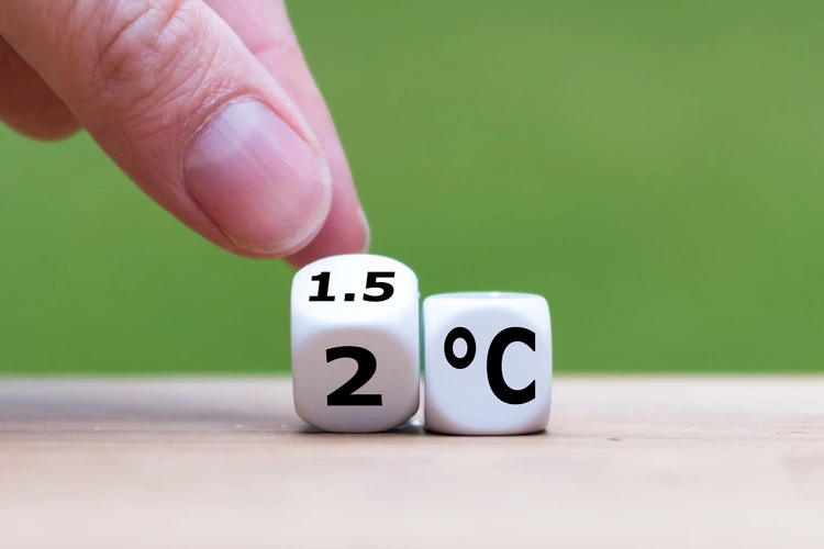 Dice rolling from 1.5 degrees Celcius to 2 degrees Celcius.