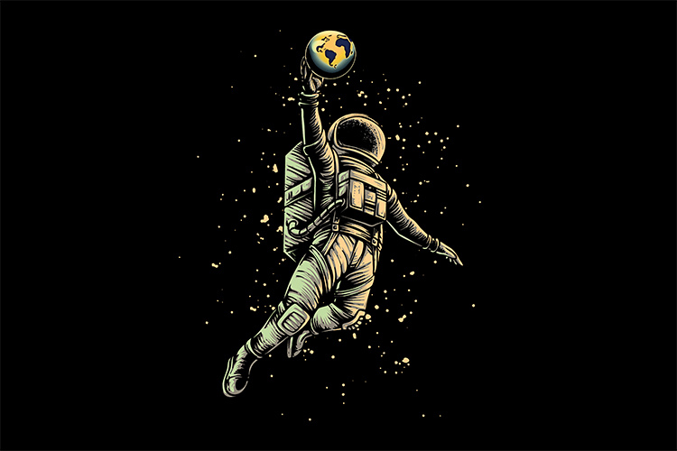 Concept art of spaceman playing basketball with earth