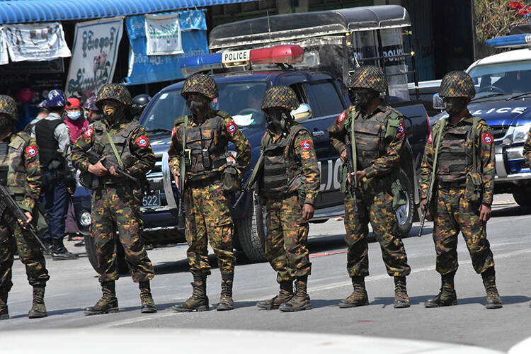 Military officers on duty before the crackdown on protests in Taunggyi, Myanmar