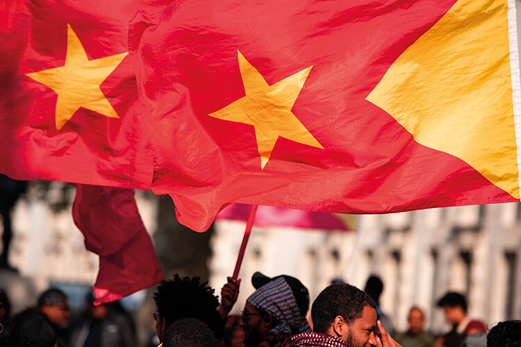 At a protest in London on 19 October 2021 people hold signs and wave the Tigrayan flag outside 10 Downing Street