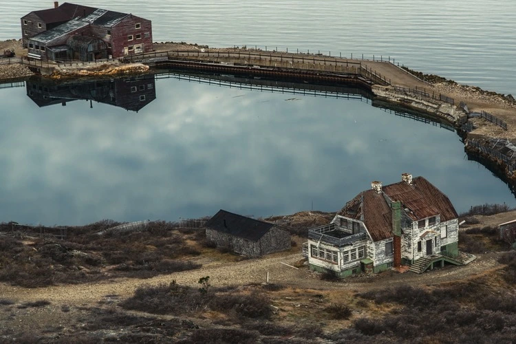 An aerial view of abandoned mine facilities in the western part of Greenland