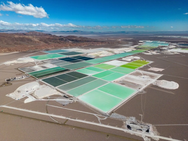 Aerial view of lithium fields in the Atacama desert in Chile, South America - a surreal landscape where batteries are born