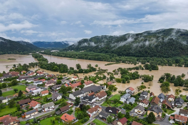Sava River overflow, Flooded village in Slovenia