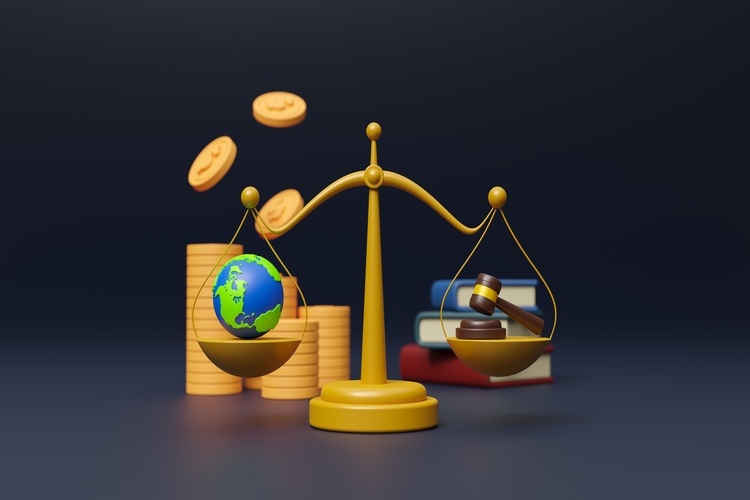 Green world and gavel with scales of justice and books, International law and environment law. Concept of Green business. Finance and sustainability investment. Carbon credit. 3d render illustration