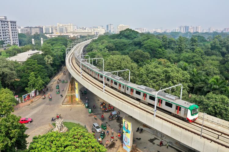 Aerial view of metro rail in Dhaka, Bangladesh.