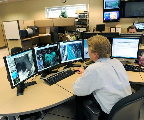 Meteorologist in work area in Doppler Radar Station with National Oceanic and Atmospheric Administration