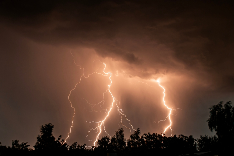 A lightning strike during a thunderstorm