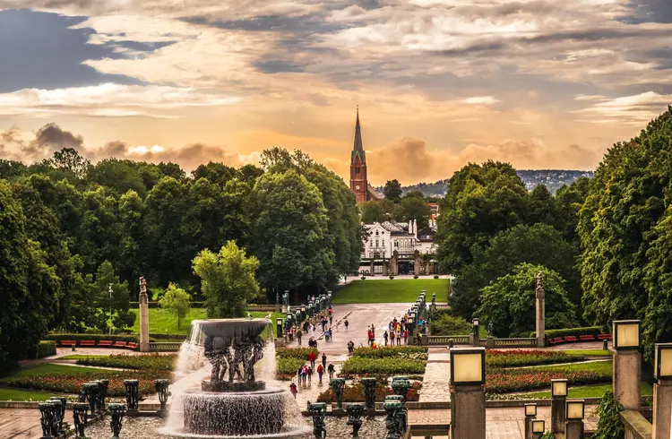Oslo, Norway -- July 28, 2023: View from the hill of Vigeland Sculpture Park at city of Oslo, Norway, at sunset