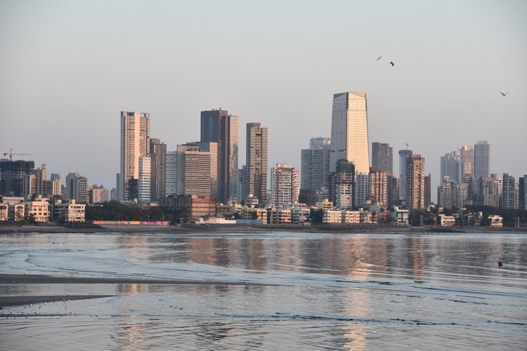 View of Mumbai at Sunset, from the Bandra Worli Sea Link in Mumbai, India.