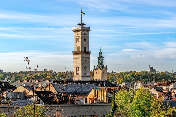 Top view of the city panorama and the chapel of the Lviv Town Hall