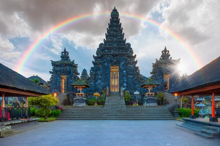 Pura Besakih temple on the slopes of Mount Agung largest and holiest temple at sunset - Bali, Indonesia