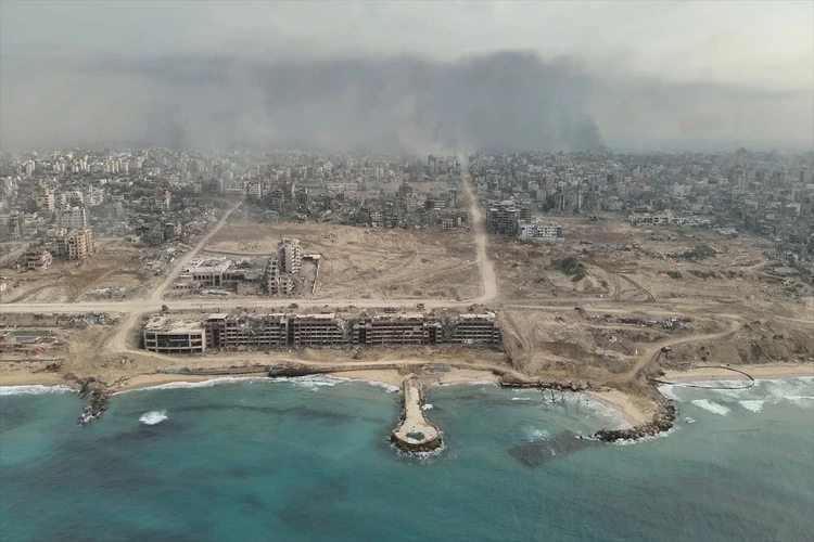 Gaza at war city destroyed by idf attacks, aerial rare view Drone view over North Gaza in the war with Israel. Gaza-March,20,2024
