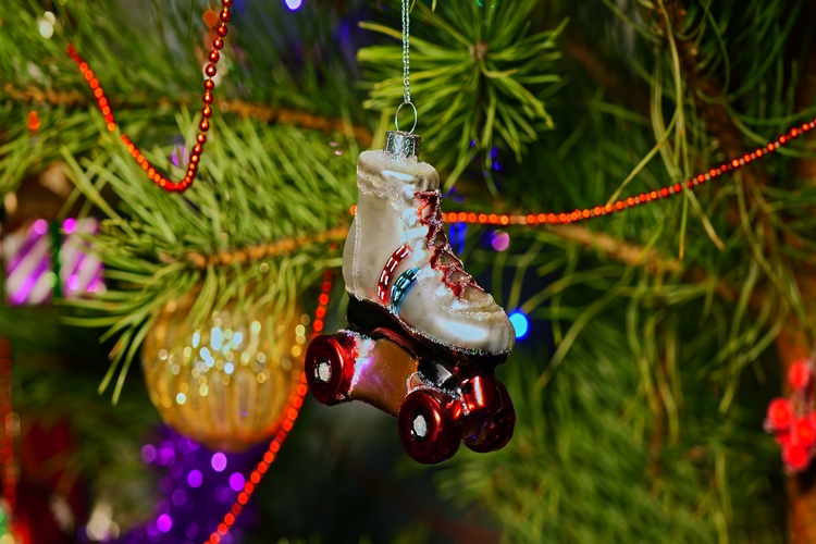Roller skate ornament hanging on chrismtas tree