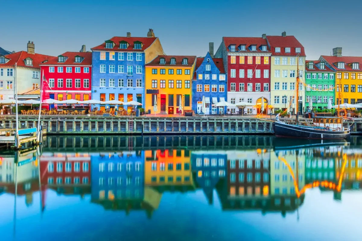Copenhagen, Denmark. Nyhavn, water canal reflections in the morning