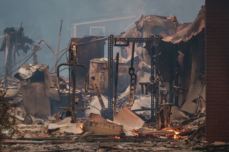 LOS ANGELES, CALIFORNIA - JANUARY 8, 2025: The charred ruins of a property in the Pacific Palisades neighborhood after the most destructive wildfire in Los Angeles.