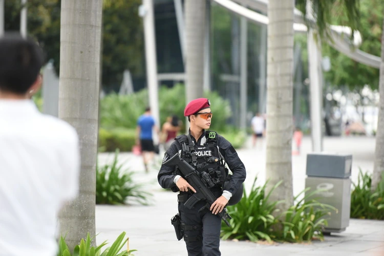 An armed police patrol in the city centre