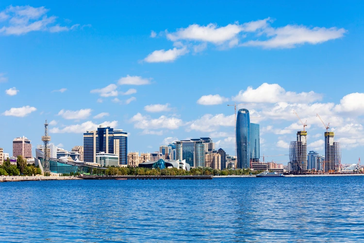 Baky skyline view from Baku boulevard (the Caspian Sea embankment). Baku is the capital and largest city of Azerbaijan and of the Caucasus region.