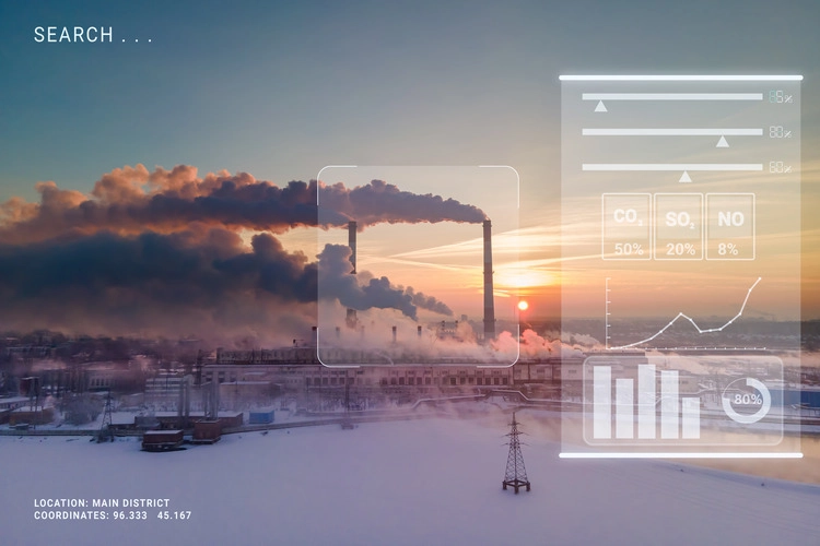 Smokestacks of factory smoke over sunrise with virtual of digital display control and smart sensor.