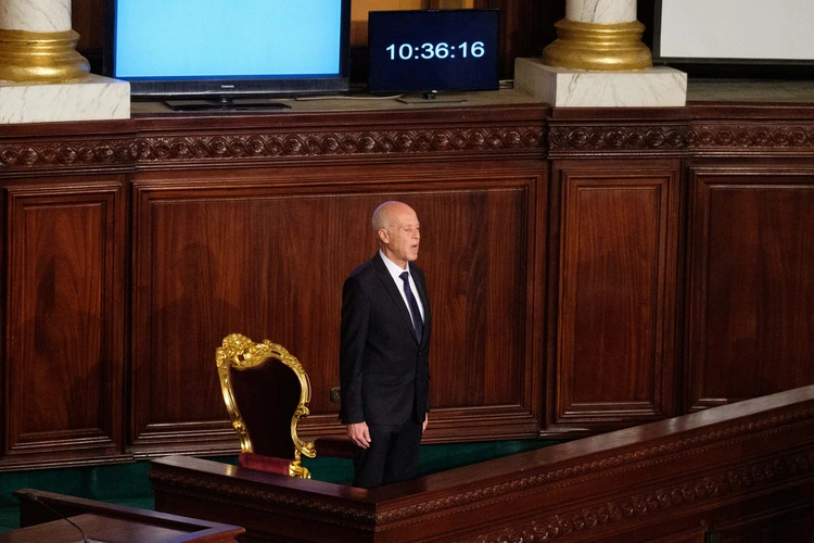 Tunisia's President-elect Kais Saied takes the oath of office at the National Assembly (parliament) in Tunis, Tunisia on October 23, 2019.