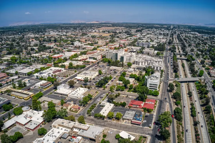 Aerial View of Downtown Visalia, California during Spring