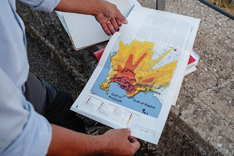 A map detailing the areas at risk from an eruption of the Campi Flegrei caldera