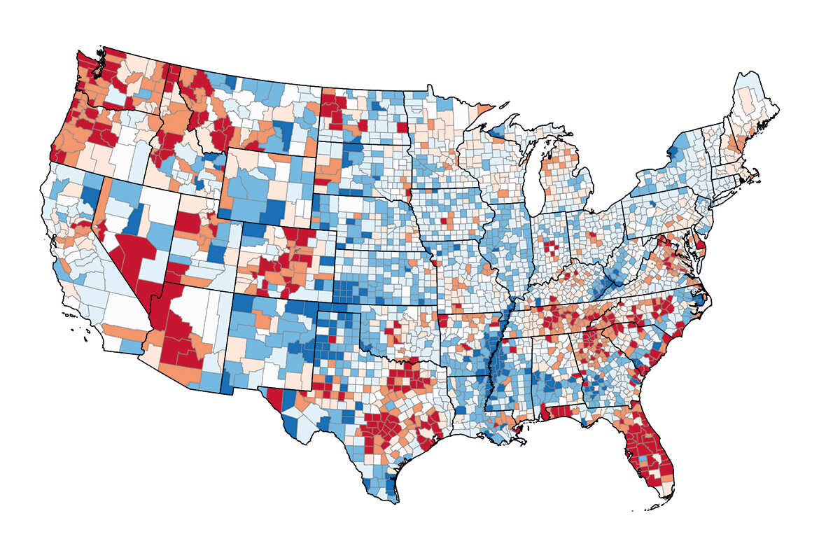 A map showing migration hot spots in red and cold spots in blue