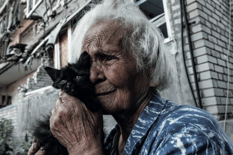 4-year-old Hana stands with her kitten outside her damaged apartment in Lyman.