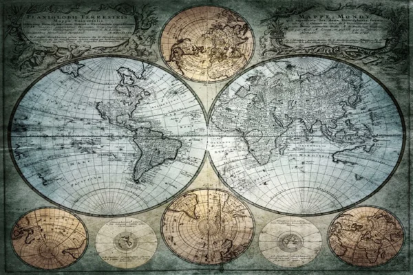 Old geographical map of the world of the 18th century.