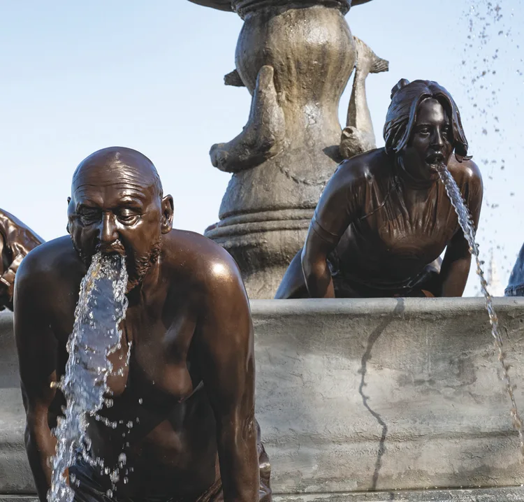 Promotional artwork for Channel 4's Dirty Business showing fountain statues spouting dark water